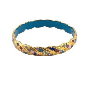 Vintage Gold Plated Floral Enamel Bangle Bracelet With Multicolor Design Twisted
